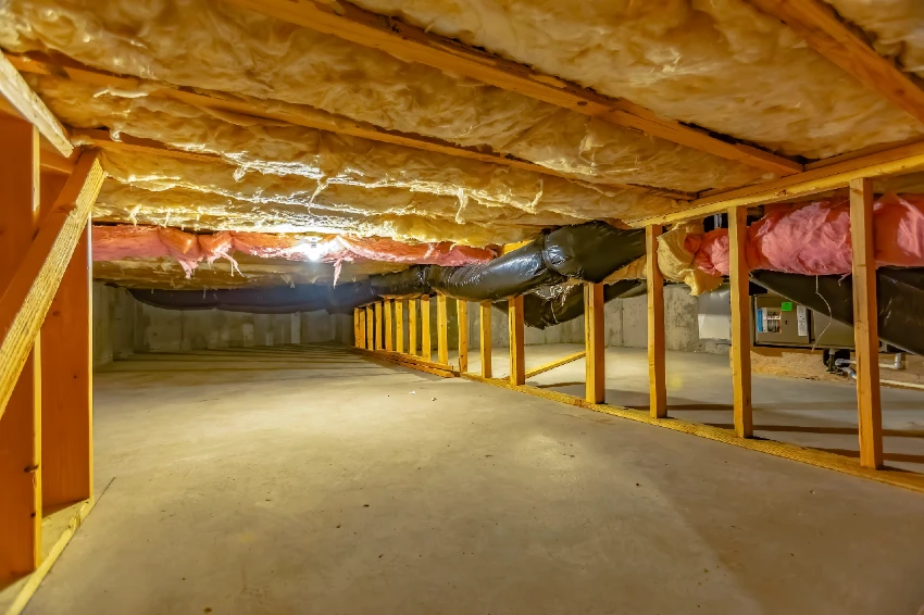 Fiberglass insulation installed in a basement ceiling with exposed wooden beams