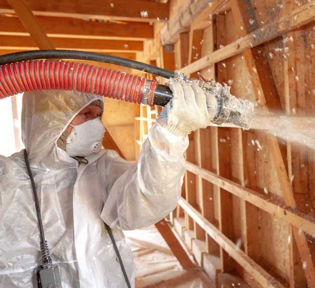 Person applying cellulose insulation to a wooden wall
