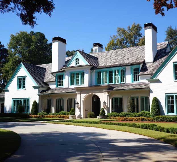 A luxury white estate with green shutters, a grand circular driveway, and beautifully maintained landscaping.