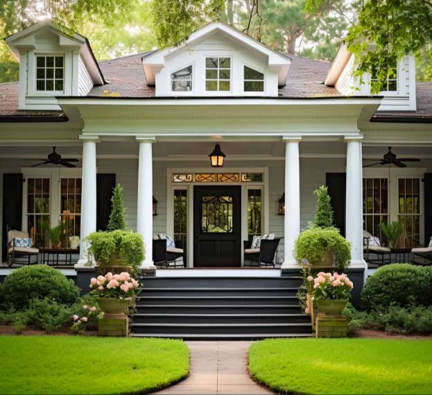 A classic Southern-style home with a welcoming front porch, white columns, and a well-manicured lawn.
