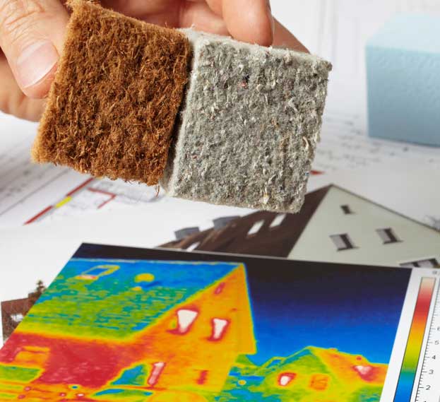 A person holds two square insulation material samples—one brown and fibrous, the other gray and made of recycled materials—above a thermal image of a house. The thermal scan displays various heat levels, with red and yellow indicating warmer areas and blue representing cooler areas. Architectural plans and another insulation sample are visible in the background.A person holds two square insulation material samples—one brown and fibrous, the other gray and made of recycled materials—above a thermal image of a house. The thermal scan displays various heat levels, with red and yellow indicating warmer areas and blue representing cooler areas. Architectural plans and another insulation sample are visible in the background.