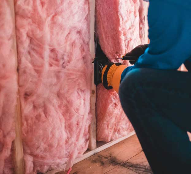 A worker wearing gloves and a blue jacket installing pink fiberglass insulation in a wall frame.A worker wearing gloves and a blue jacket installing pink fiberglass insulation in a wall frame.