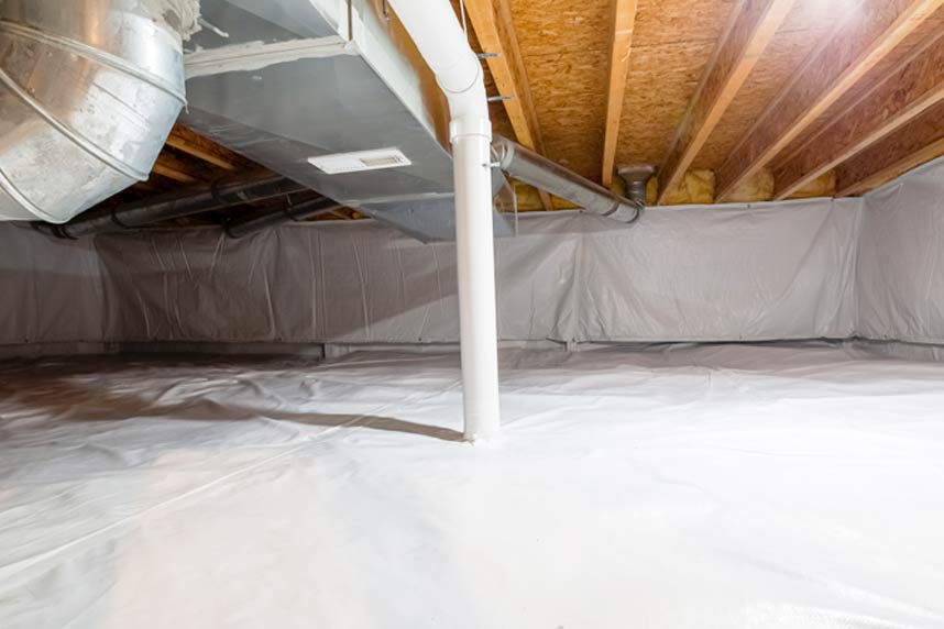 Clean crawl space with white vapor barrier and visible HVAC ductwork installed beneath floor joists.
