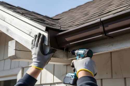 Man installing a gutter on a house roof using a power drill. New rain gutter system construction and repair concept for home improvement.